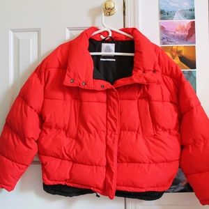 Red Contrast Lining Pillow Puffer Jacket